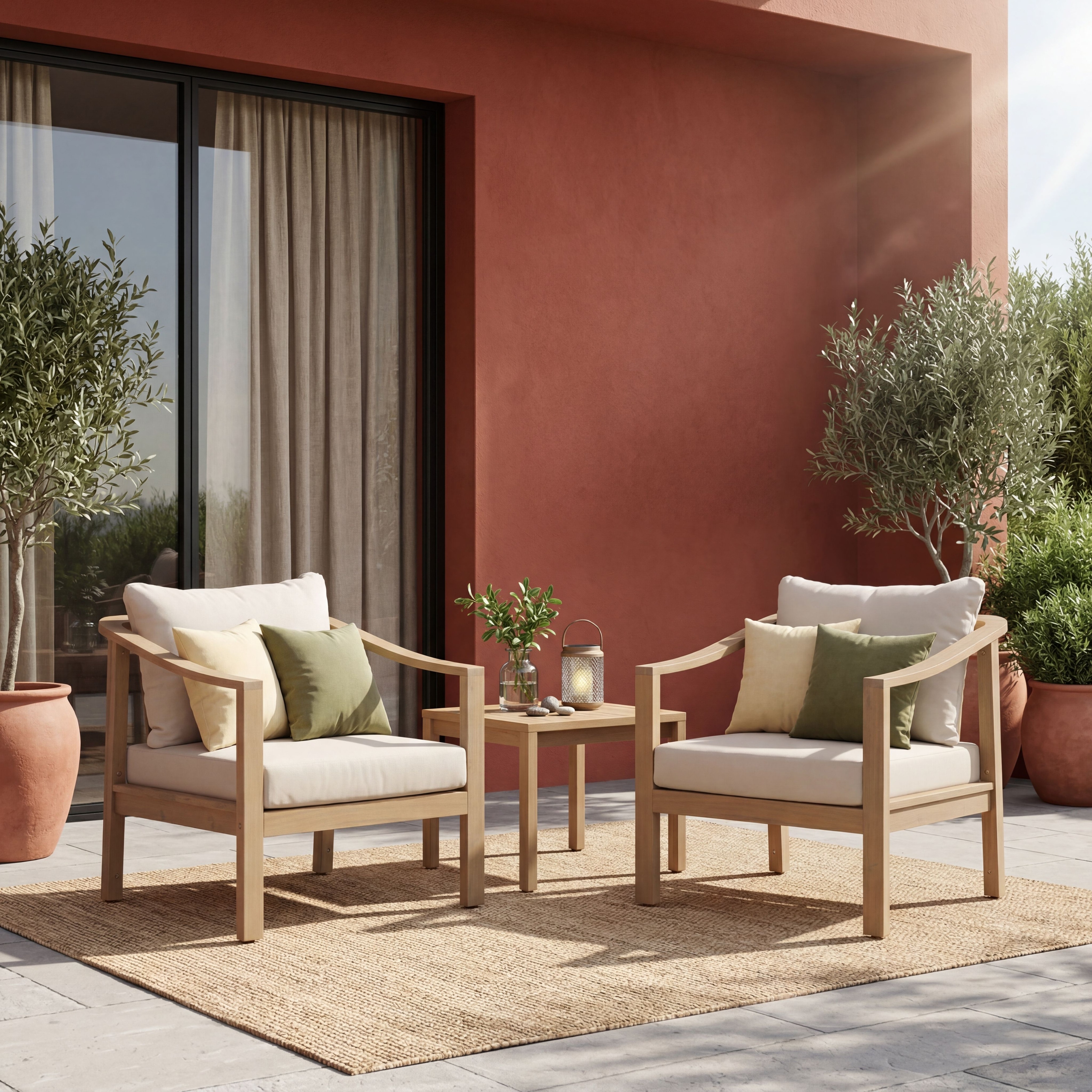 Set of 2 Acacia Wood Club Chairs with Plush Cushions for Outdoor Use