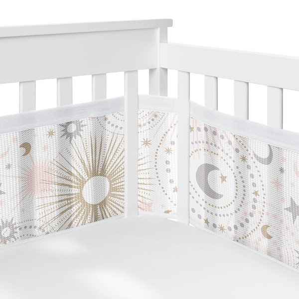 slide 2 of 6, Star and Moon Girl Sweet Jojo Designs + BreathableBaby Breathable Mesh Crib Liner Pink Grey Celestial Sky Stars