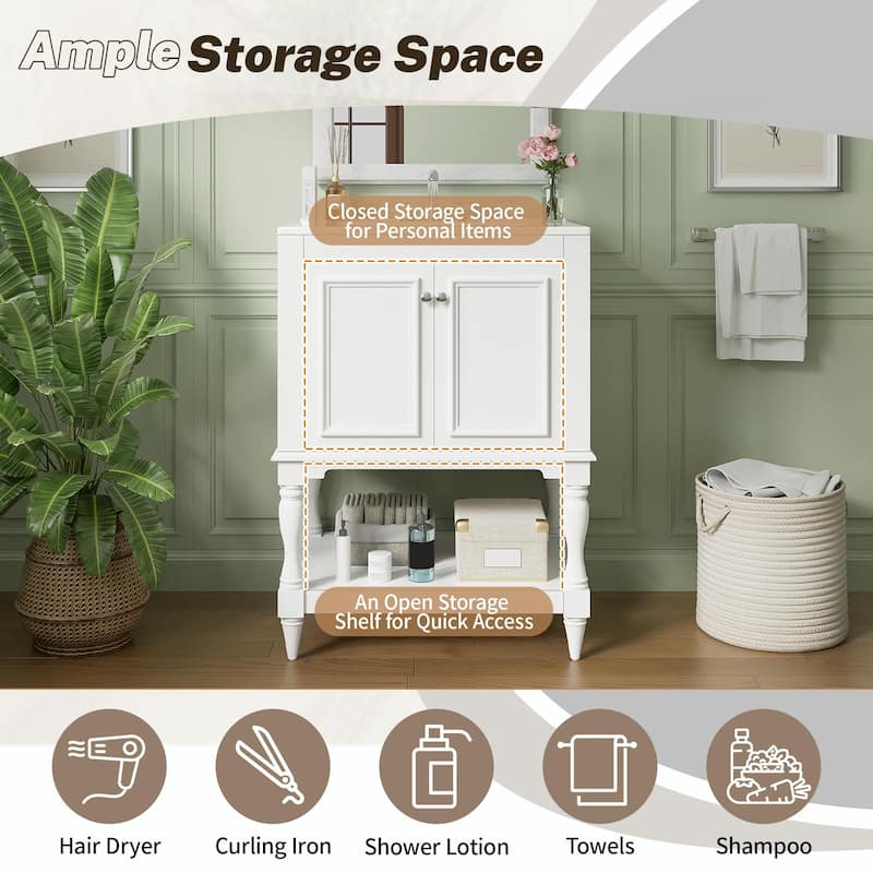 24" Modern Luxury Bathroom Vanity with Ceramic Sink, Freestanding Cabinet with Open Shelf and Enclosed Storage