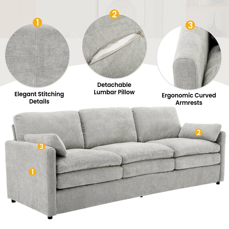Chenille Upholstered 3 Seater Sofa, Cloud Sofa with Removable Lumbar Pillow, Oversized Sofa with Double Cushion