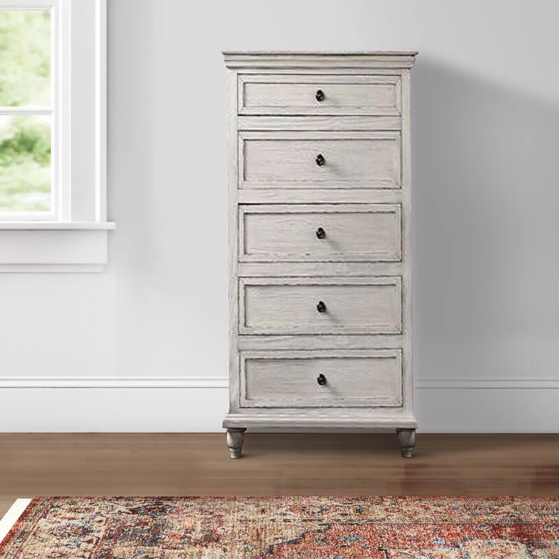 Zea 50 Inch Wood Tall Dresser Chest, 5 Drawers with Black Metal Knobs, Gray