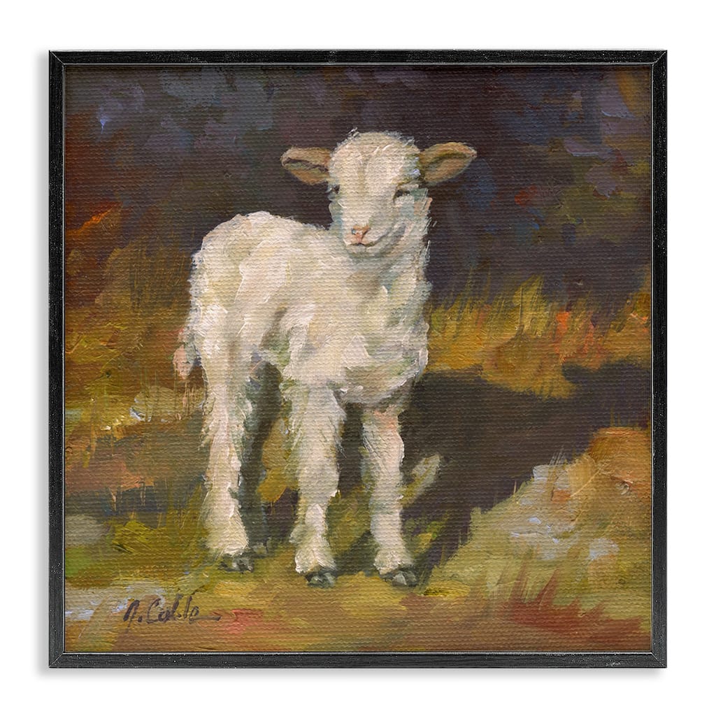 Stupell Soft and Sweet Baby Lamb and Shadow Oil Painting Framed Art, 12 x 12, Proudly Made in USA