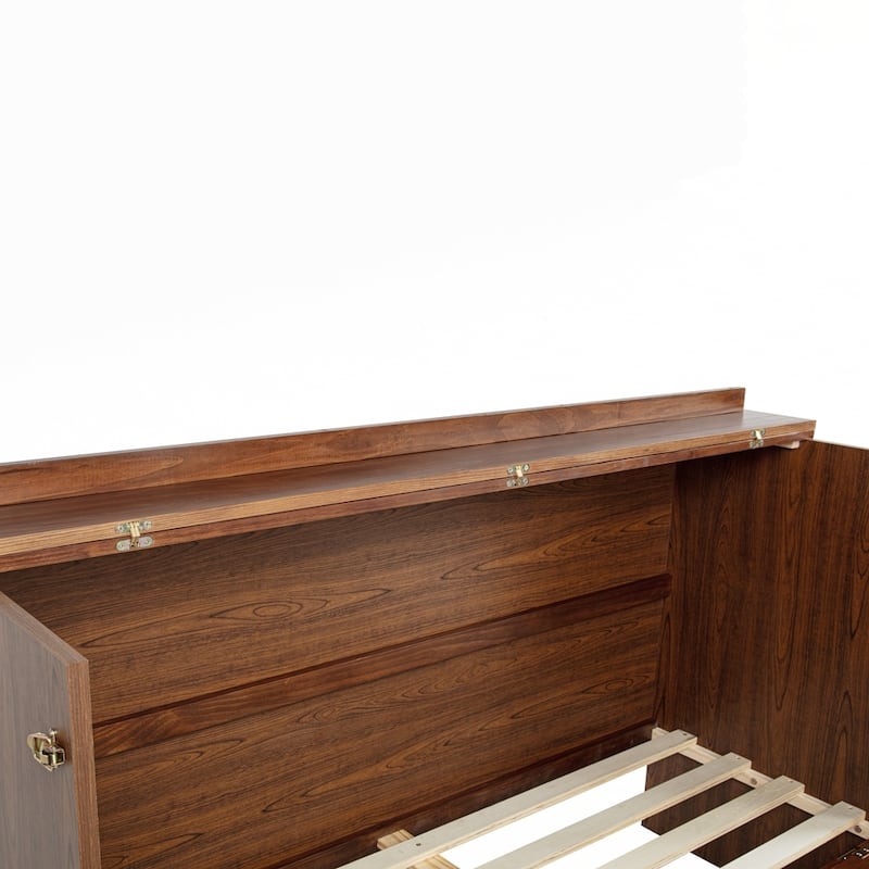 Pine Wood Cabinet Bed with Power Station and Rattan Decoration Panel