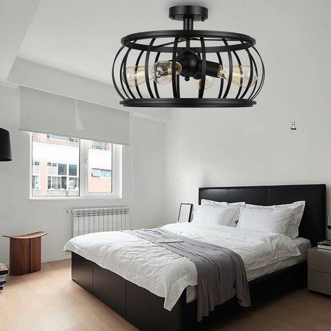 Modern 4-Light Black Caged Drum Semi Flush Mount Ceiling Light - 18"