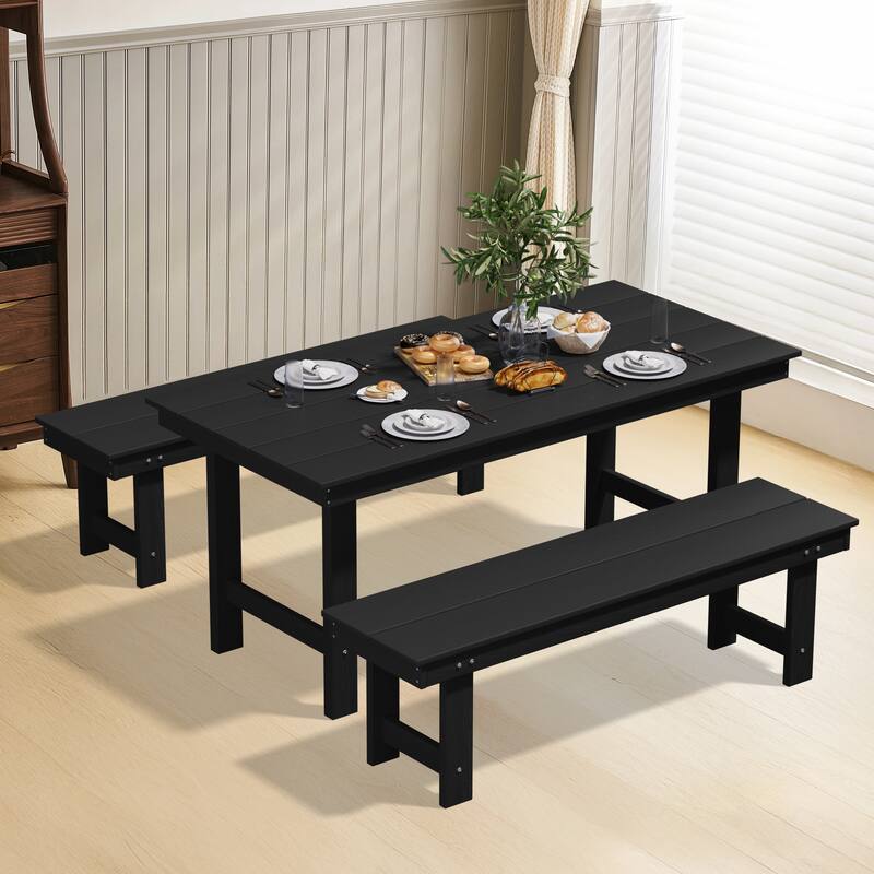 3-Piece HDPE Outdoor Dining Set with Umbrella Hole Table and Two 2-Person Benches