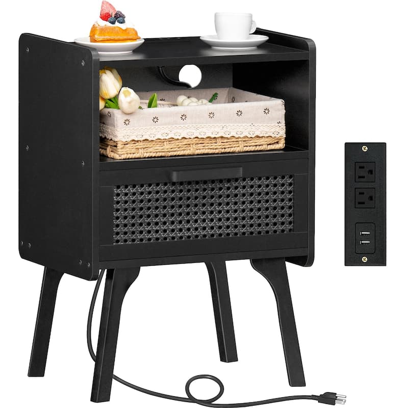Rattan Nightstand with Charging Station,Side Table with Drawer Open Shelf,Cane Bedside End Table with Solid Wood Legs - Black
