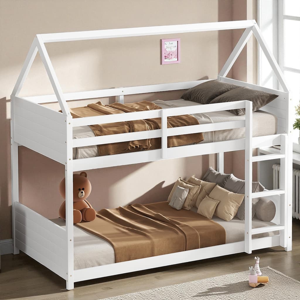 Twin Over Twin House Floor Bunk Bed with Ladder, Rubber Wood Frame with Guardrails, Headboards and Footboards for Kids