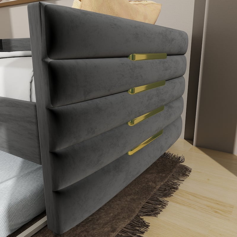 Black Velvet Upholstered Daybed with Gold Accent Strips & Trundle, Twin Sofa Bed for Bedroom, Livingroom, No Box Spring Required