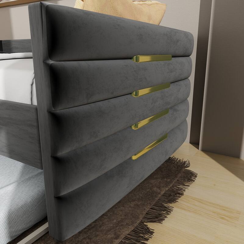 Modern Twin Daybed with Trundle – Upholstered Black Velvet Sofa Bed Featuring Gold Accents, Space-Saving Sleeper.