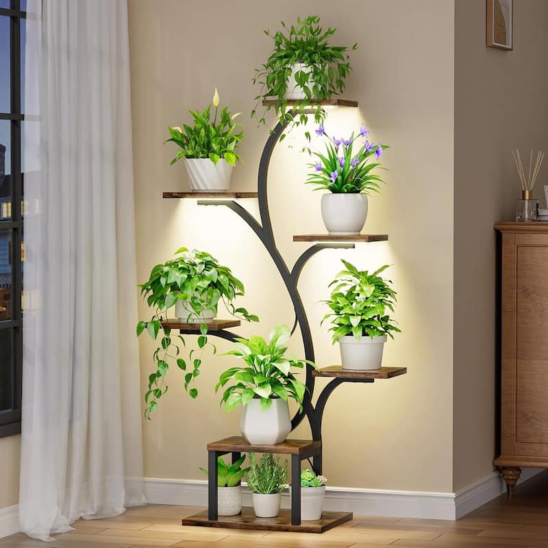 Brown-Black Wood Iron 7-Tier Plant Stand with Grow Lights and Timer - 29.45" L x 11.8" W x 48.9" H