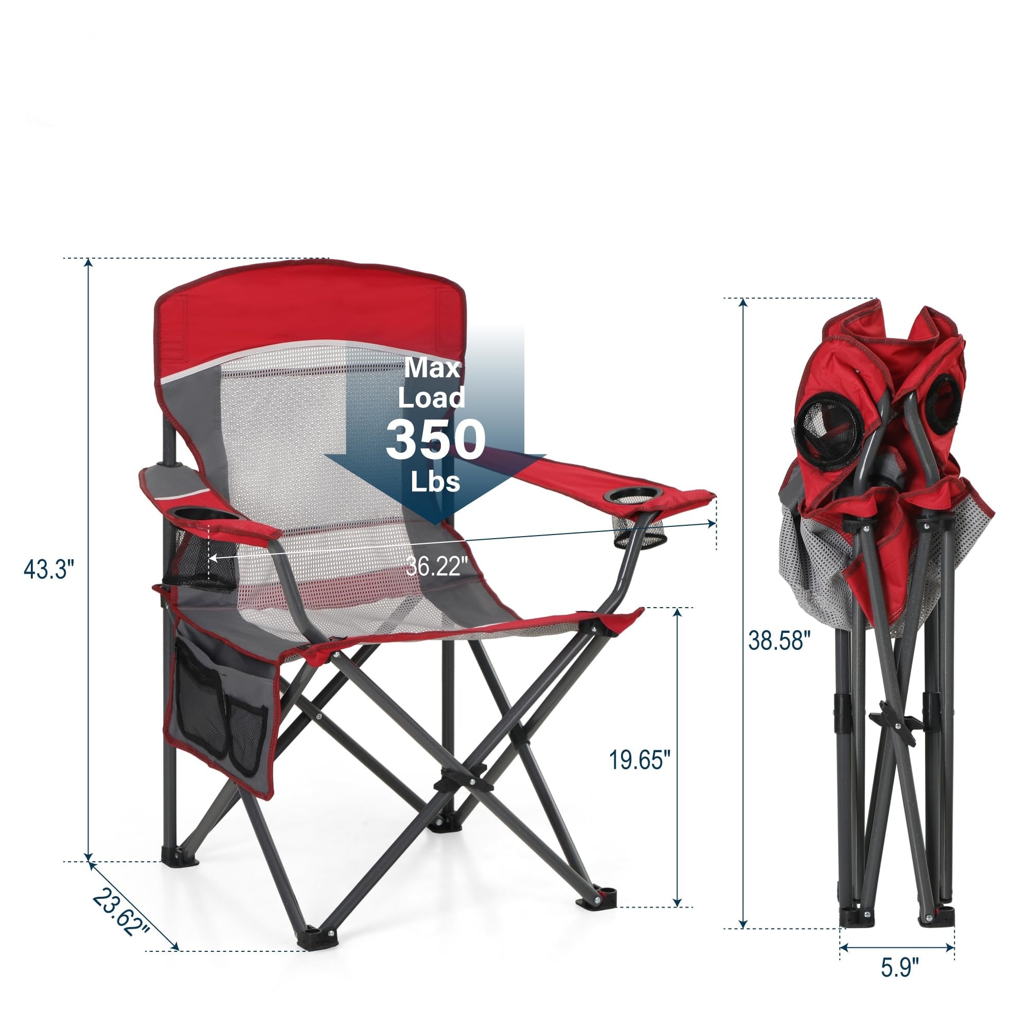ALPHA CAMP Oversized Mesh Back Camping Folding Chair Heavy Duty Support 350 LBS Collapsible Steel Frame - Black Grey