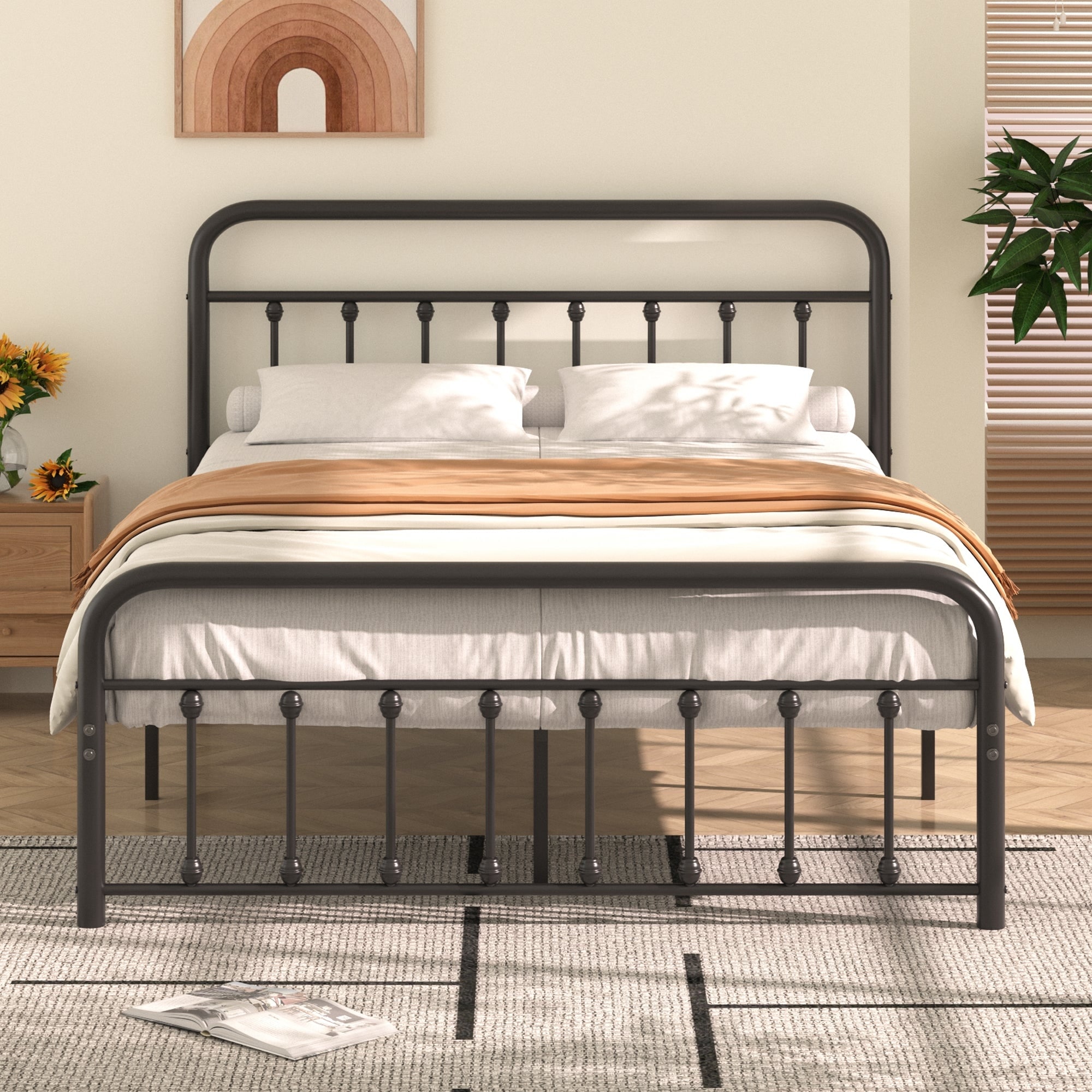 VECELO Black Metal Bed Frame with Vintage Headboard and Footboard No Box Spring Needed Premium Stable Steel Slat Support