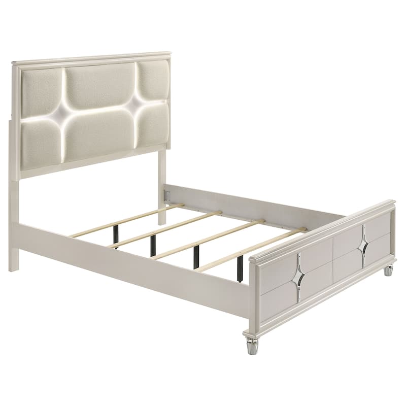 Ory 4pc Queen Bedroom Set, LED Lights, Diamond Star Design, White Wood