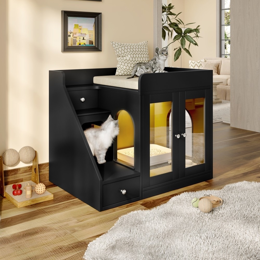 32.6-in Lighted MDF Litter Box Enclosure Side Table 2 Drawers