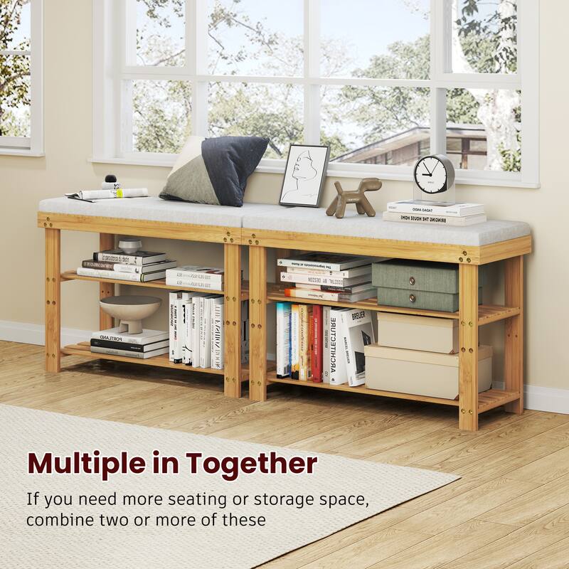 Bamboo Shoe Bench, 3-Tier Shoe Rack, Entryway Bench with Cushion and Adjustable Shelves, Shoe Rack for Entryway, Hallway