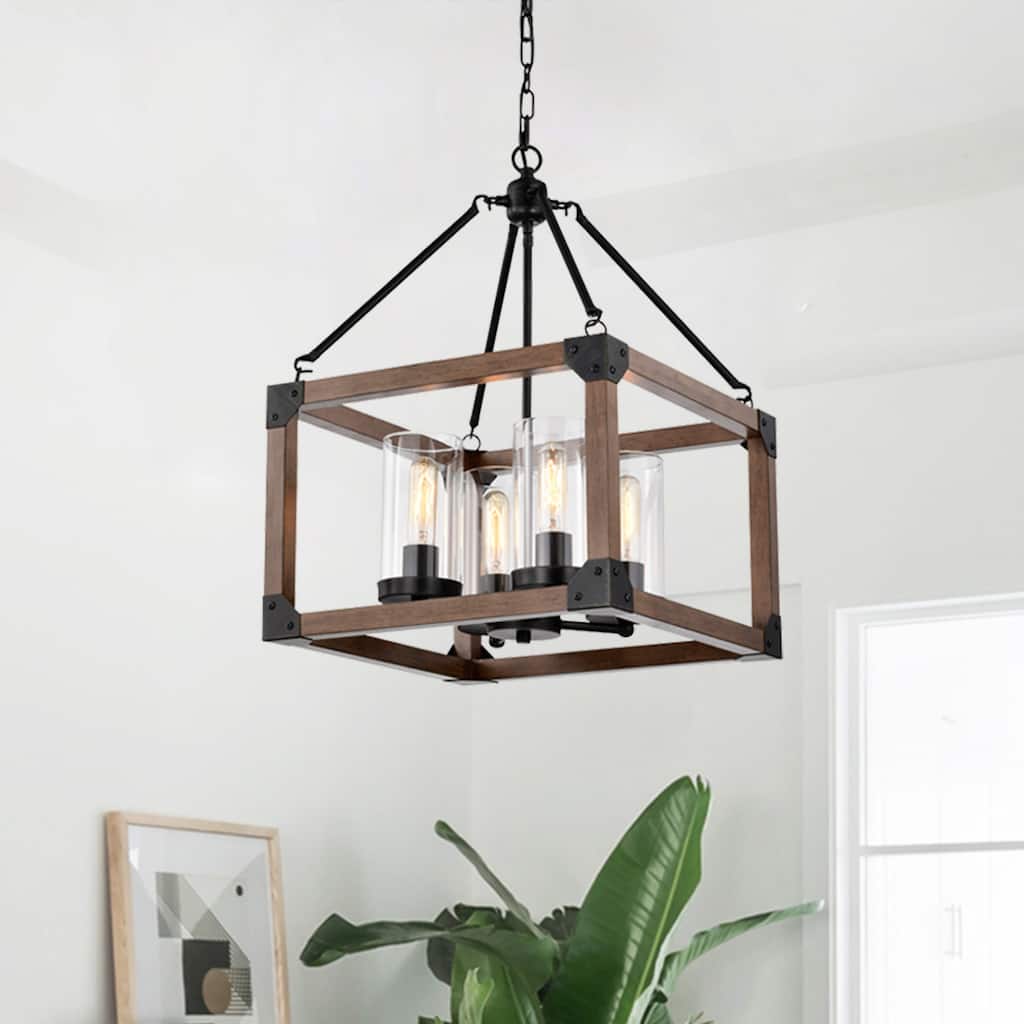Daniela 4-light Antique Black Wooden Cage Glass Cylinders Cage Pendant