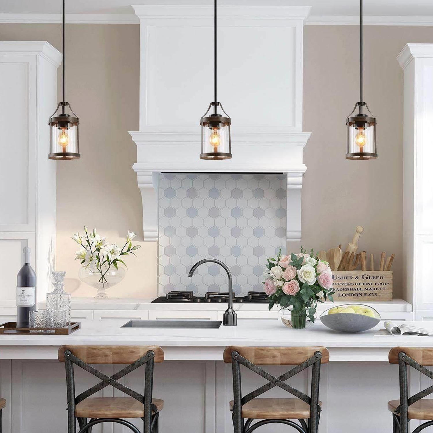 Modern Farmhouse 1-Light Cylinder Pendant Lights Mini Glass Lantern for Kitchen Island