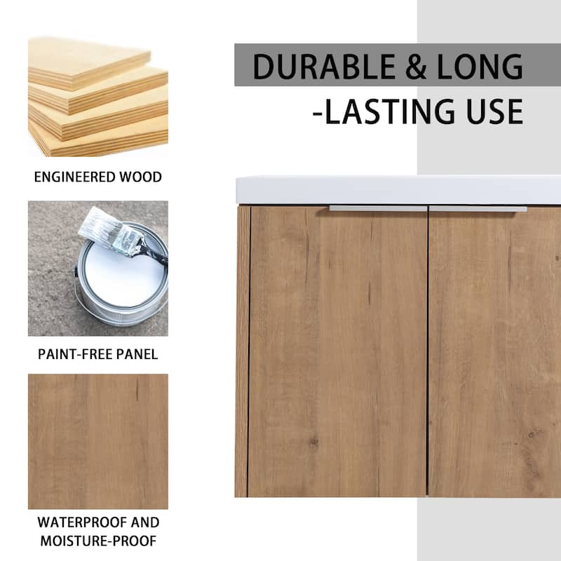 24" Floating Bathroom Vanity with Resin Sink, Side Cabinet, Soft-Close Hinges, and Water-Resistant Plywood Construction