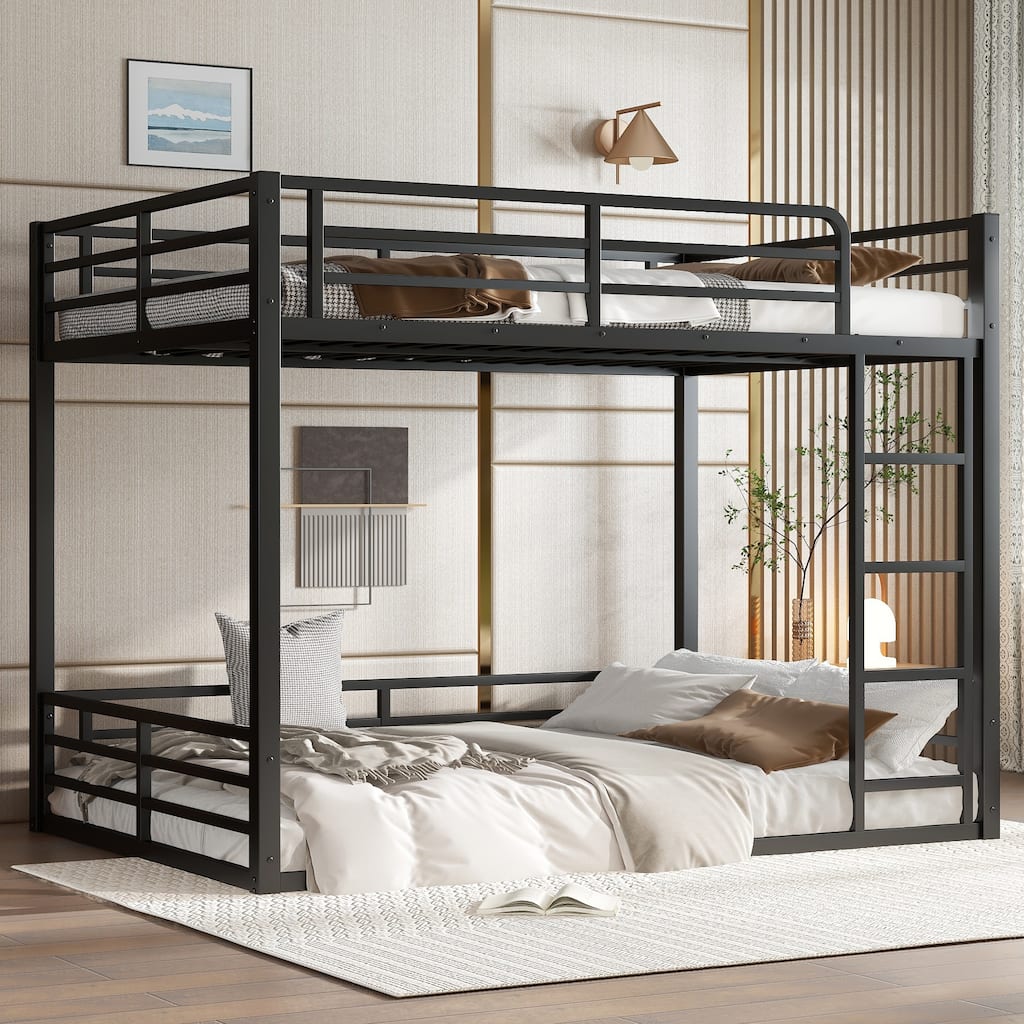 Metal Bunk Bed, Full XL over Full XL Floor Bunk Bed Frame,Heavy-Duty Bunk Bed for Kids, Teens, Adults, Noise-reduced Design