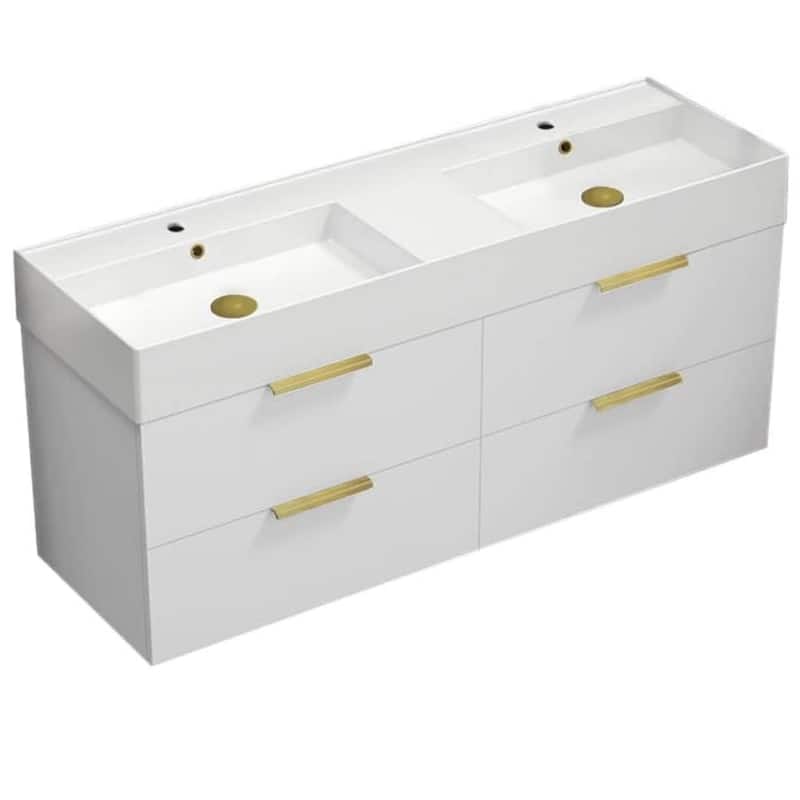 Nameeks Derin-5618-W-2 Derin 54" Wall Mounted Double Basin Vanity Set - Glossy White / Matte Gold - Painted