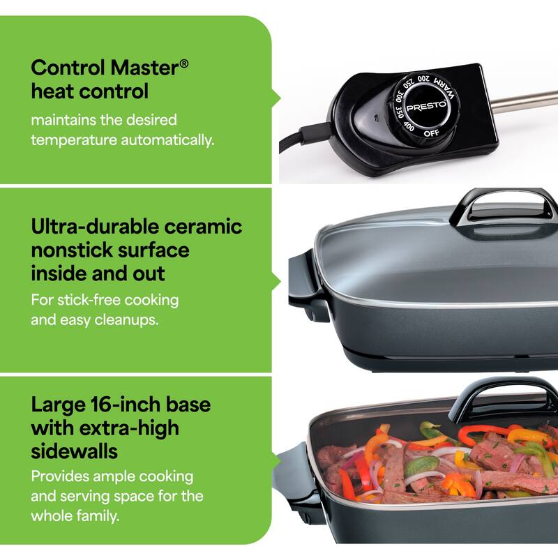 Presto Slimline Nonstick Electric Skillet with Tempered Glass Lid, 16", Black - 7.8