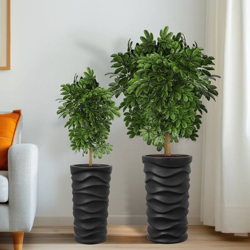 EROMMY Modern Outdoor Planters Set of 2, Large MgO Flower Pots for Porch & Patio, White/Black Wave Design with Drainage Holes - Black