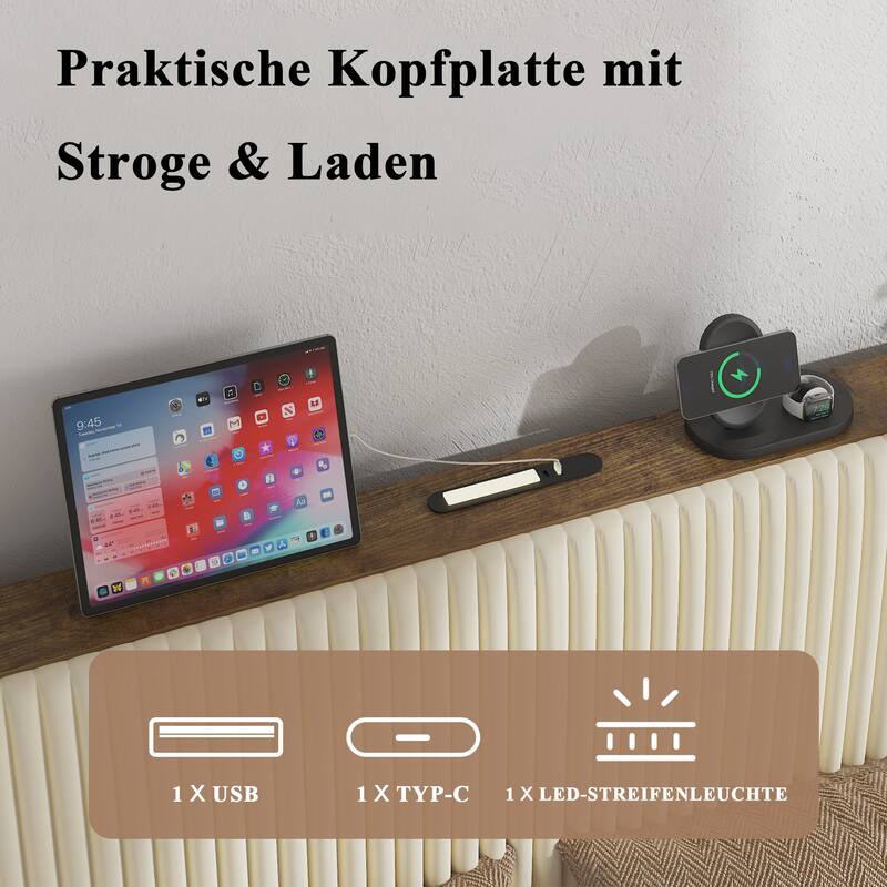 Roomfitters Metal Platform Bed Frame with Charging Station, Heavy Duty Mattress Foundation, No Box Spring Needed, Beige