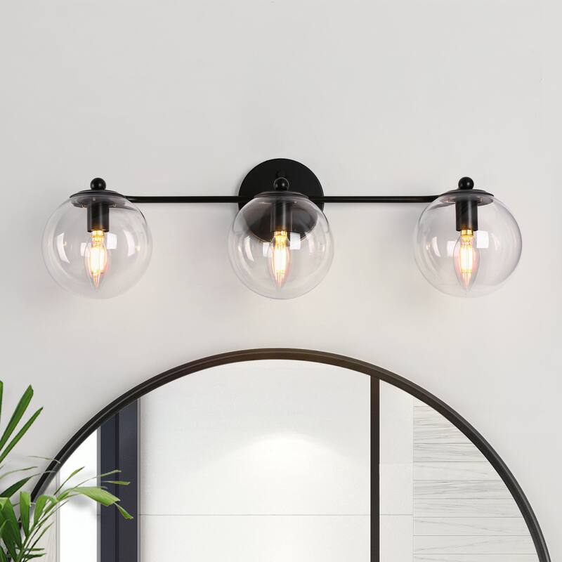 Modern 3-Light Black Bathroom Vanity Lights Linear Fixtures with Clear Triple-globe Glass Shades Wall Sconces for Bathroom