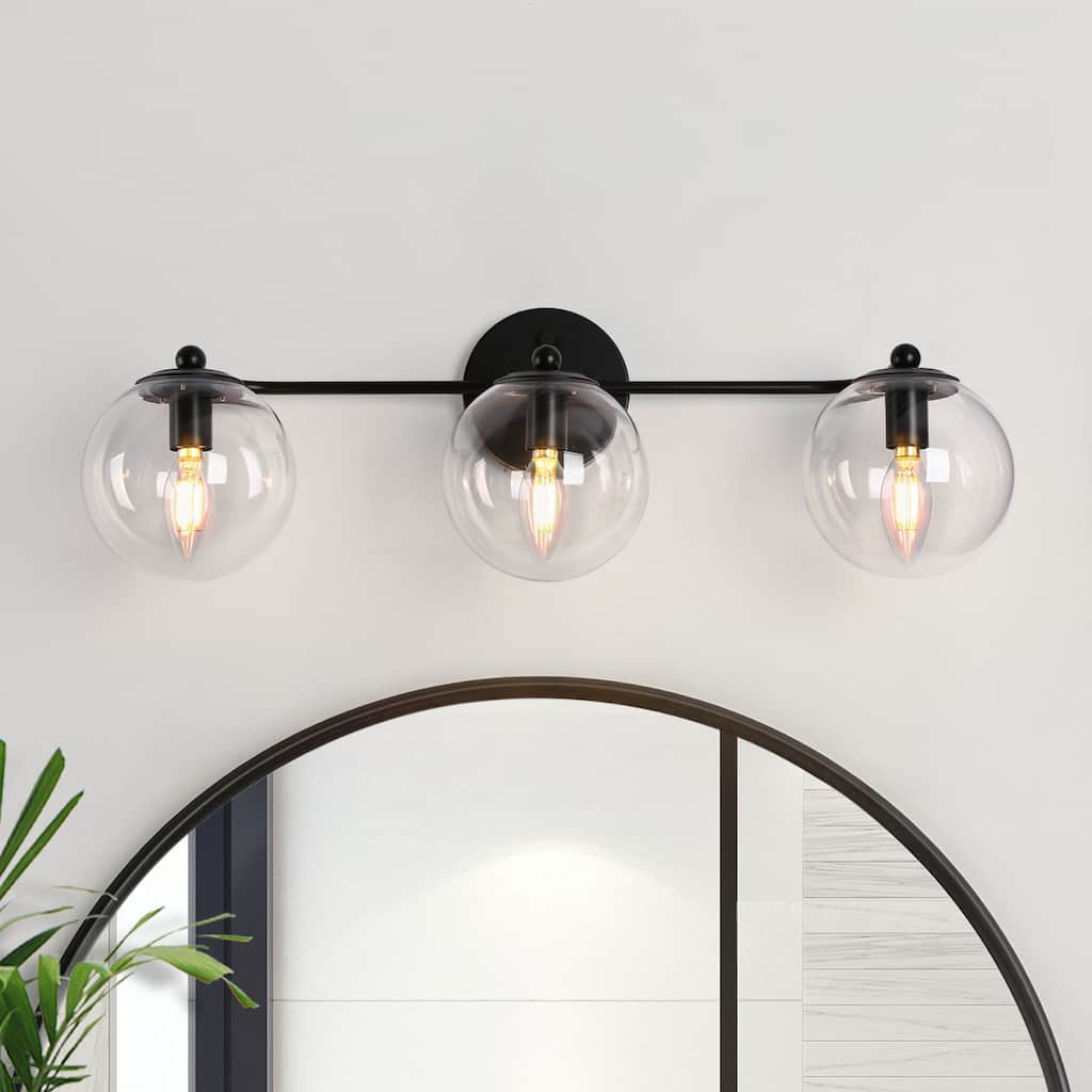 Modern 3-Light Black Bathroom Vanity Lights Linear Fixtures with Clear Triple-globe Glass Shades Wall Sconces for Bathroom