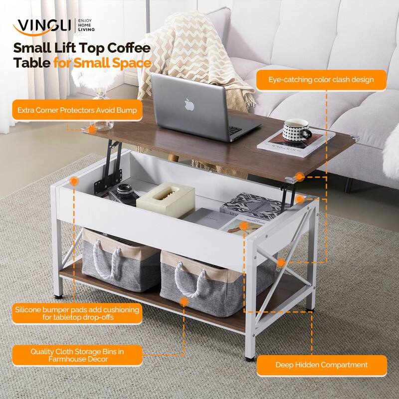 VINGLI Adjustable Side X-shaped Metal Frame Rectangular P2 Board Brown Panel Wood Grain Side Panel Coffee Table