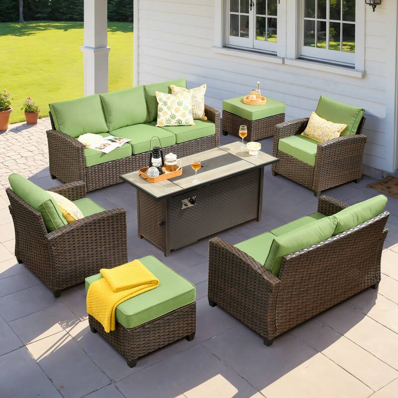 XIZZI 7-piece Patio Furniture Conversation Set with 54" Fire Table - Green
