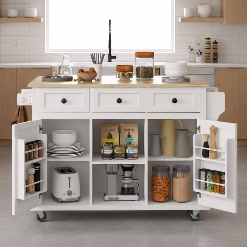 Portable Rolling Kitchen Island Cart with Storage - White
