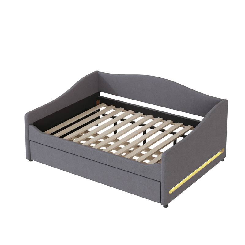 Modern Twin/Full Upholstered Daybed with Light Stripes and Pull-Out Trundle