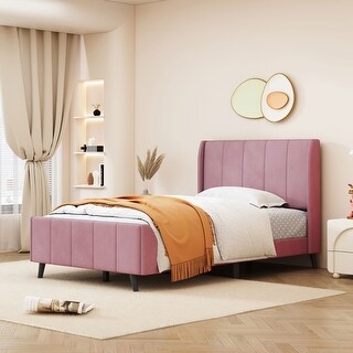 Twin Size Platform Bed with Velvet Upholstered Headboard and Footboard ...