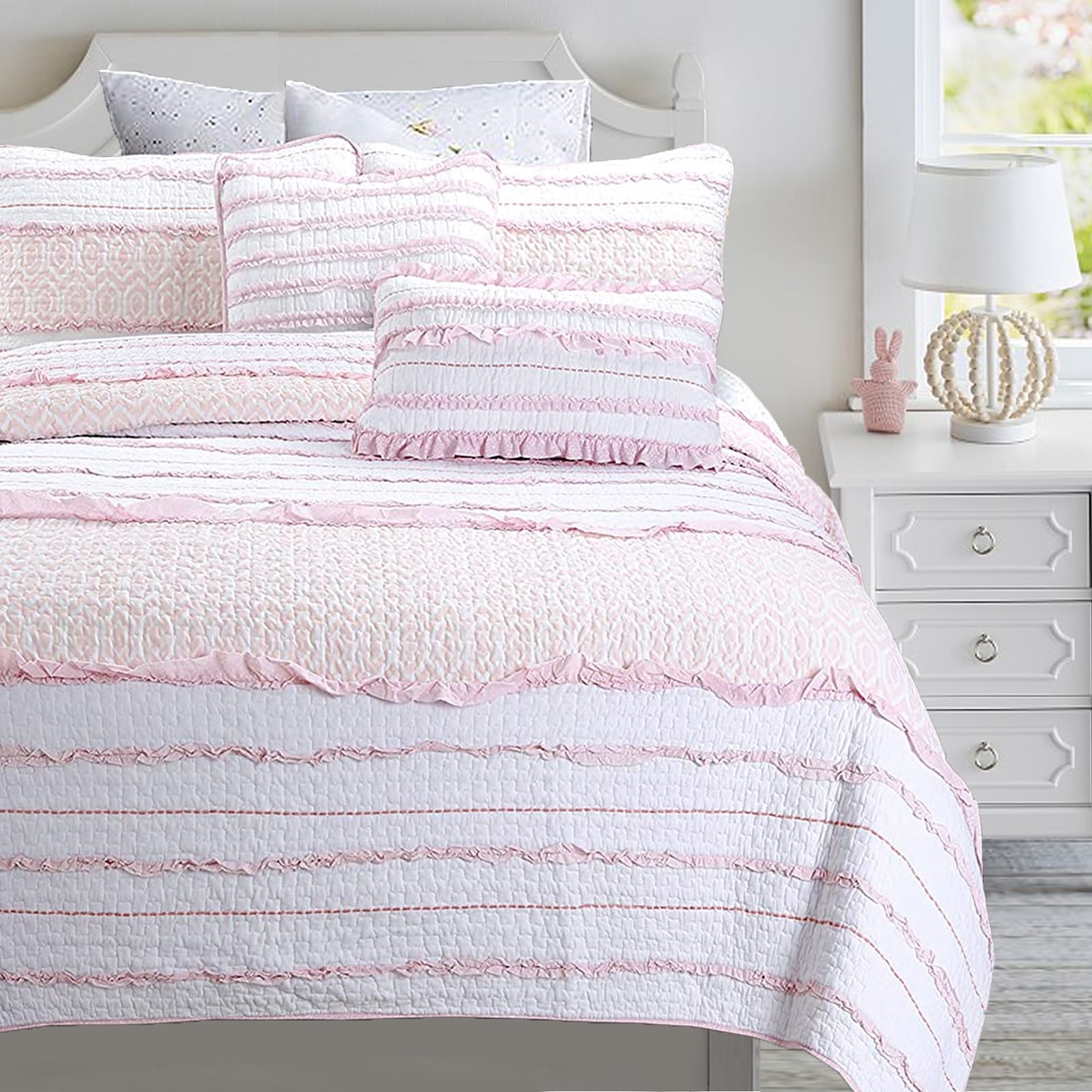 Gracie Oaks Bowrah Girly Ruffle Stripped Ogee Pink White Cotton Queen Quilt Bedding Set With 2 Decor Throw Pillows Wayfair