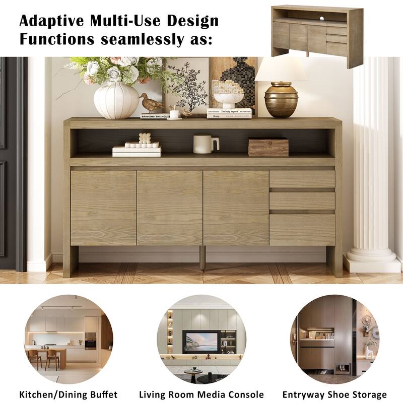 60" 3-Door Sideboard with 3 Drawers-Ash Veneer MDF Sideboard,Semi-Open Shelf，Center Semi-Circular Cutout,Storage Cabinet