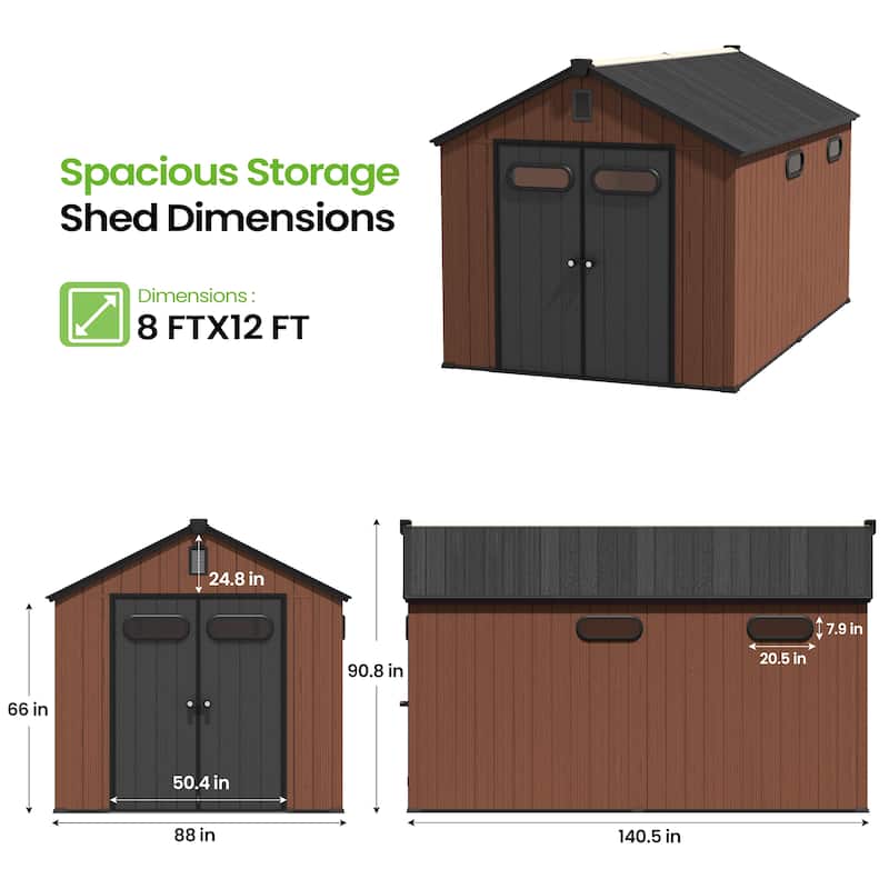 VredHom 8X8/8X10/8X12 FT All-Weather Outdoor Resin Lockable Storage Shed with Windows Floor for Patio Furniture and Tools