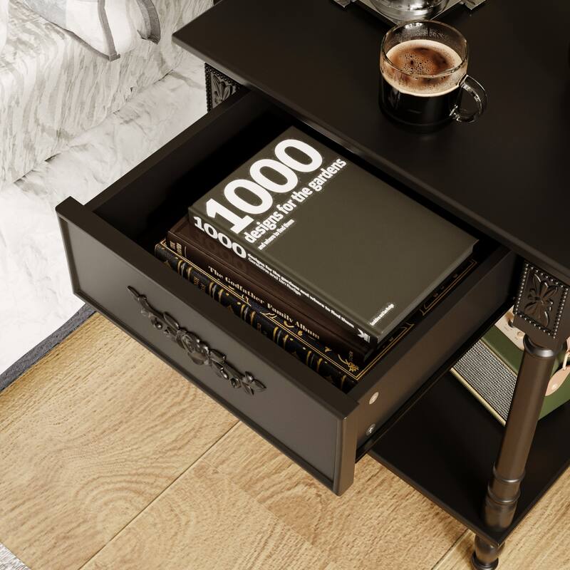 Vintage End Table with Drawer and Shelf, French Style Nightstand with Solid Wood Legs, White Accent Table