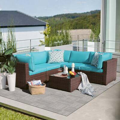 6-Piece Outdoor Wicker Sectional Sofa Set with Cushions and Coffee Table