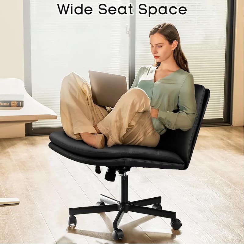 Bossin Criss Cross Chair with Wheels,PU Leather Armless Cross Legged Office chair, Adjustable Wide Seat Task Vanity Chair