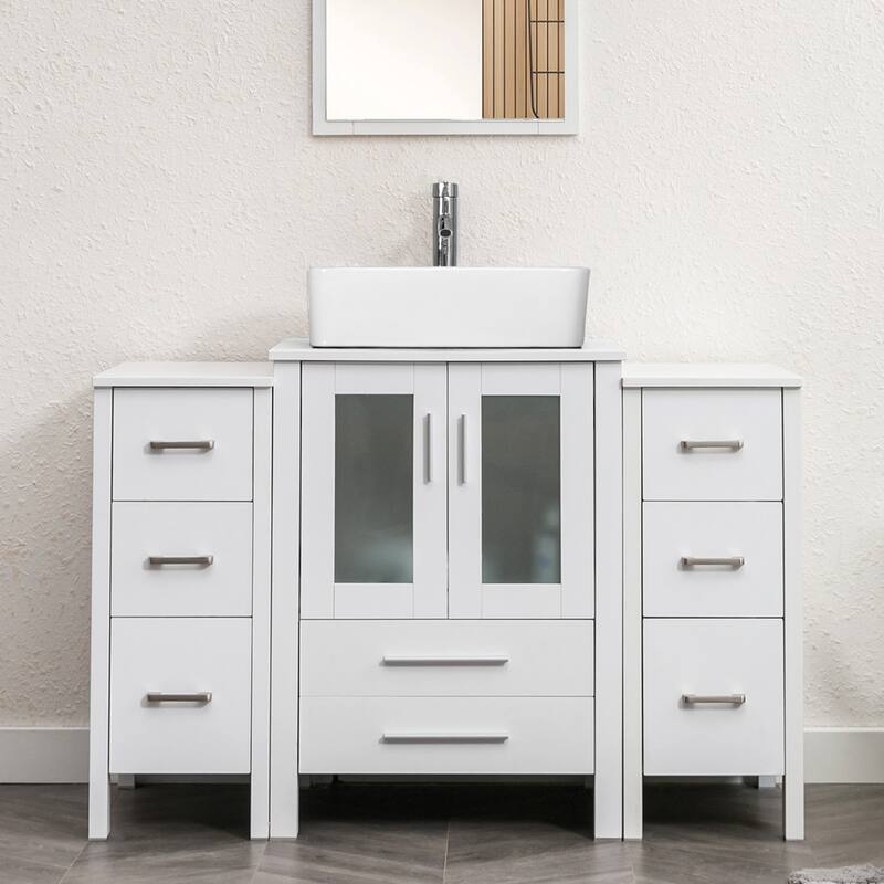 48" Bathroom Vanity Set Vessel Sink Faucet W/ Small Cabinet Combo - white ceramic rectangular sink - White
