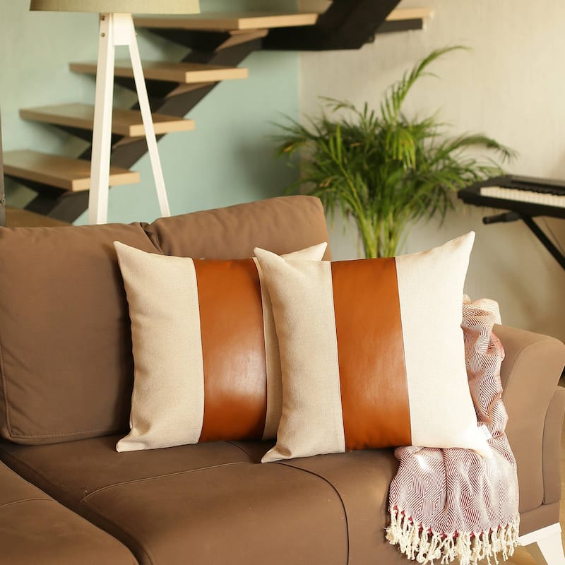 Bohemian Set of 2 Handmade Decorative Throw Pillow Vegan Faux Leather - 17" x 17" - Brown & Ivory