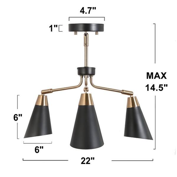 Modern 3-Light Semi-Flush Ceiling Light Metal Black Gold Chandeliers - 22"Dia x 14.5"H