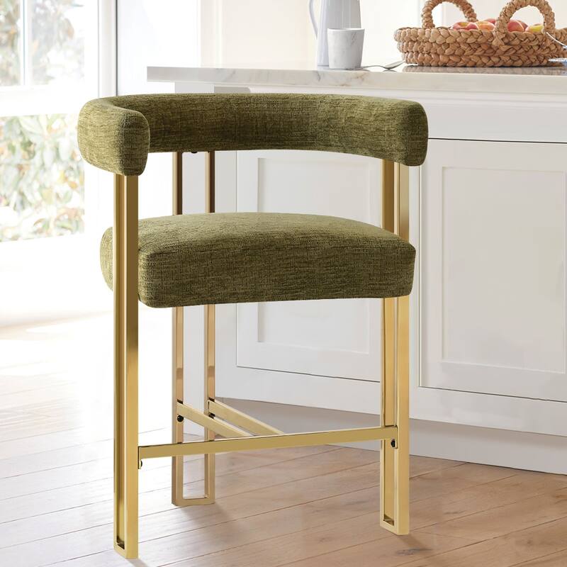 25" Seat Height Upholstered Chenille Gold Matel Counter Stool - Olive-1-piece - Single