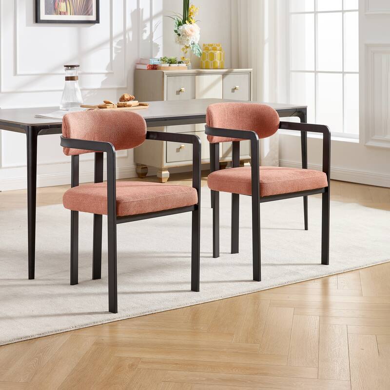 Modern Upholstered Dining Chairs Set of 2 with Black Metal Legs and Curved Backrest