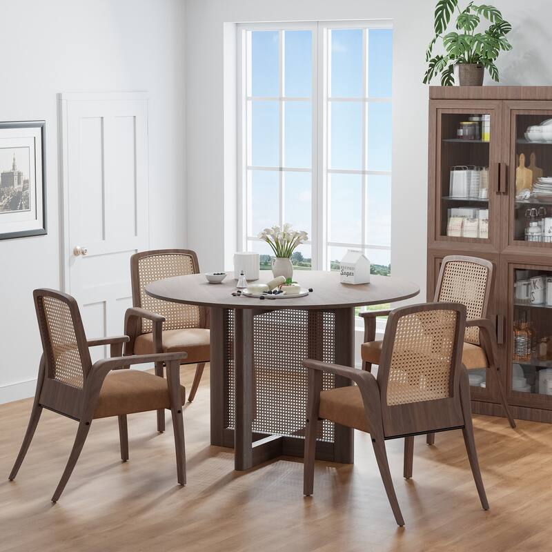 Farmhouse Kitchen Dining Room Table Furniture Round Kitchen Table with Rattan Woven Legs for Kitchen Bar Living Room