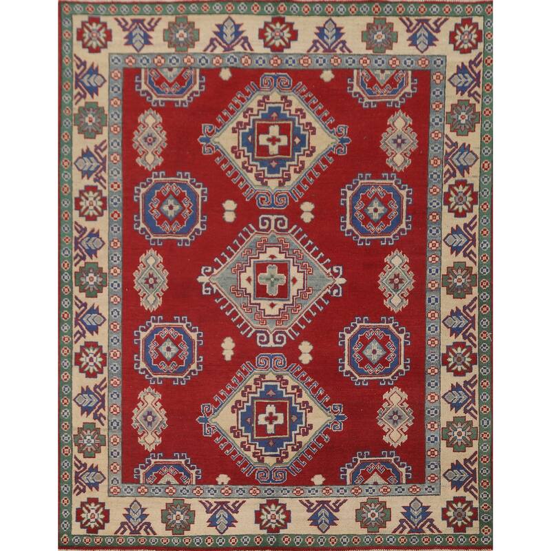 Red Geometric Kazak Area Rug Hand-Knotted Oriental Wool Carpet - 5'5" x 6'5"