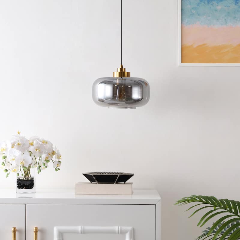 SAFAVIEH Lighting Airina Glass Shade Pendant - 11 In. W x 11 In. D x 25477 In. H - Smoke Grey/Brass - 11Wx11Dx69H