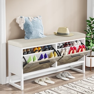 Shoe Bench with Cushion, 10-12 Pair Shoe Storage Bench with 2 Flip Drawers for Entryway