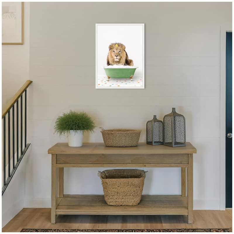 Kate and Laurel Sylvie Lion in Green Bathtub on Colored Tile Framed Canvas by Amy Peterson